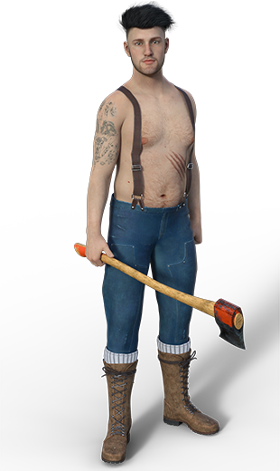 Sven Johansson, bare-chested with an axe