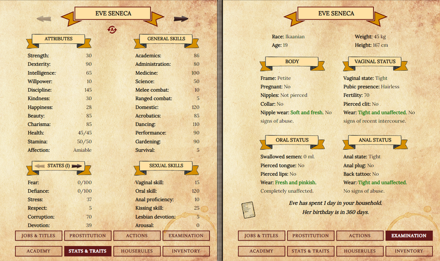 Eve Seneca's starting stats.