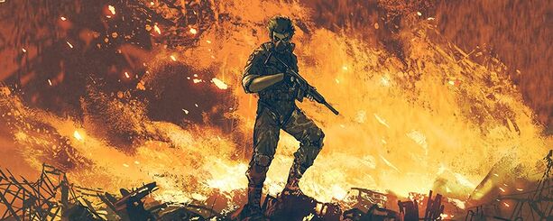 A soldier carrying an automatic rifle, against a fiery background