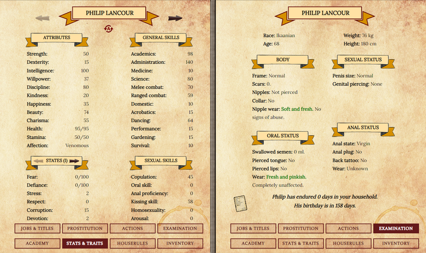 Philip Lancour's starting stats.