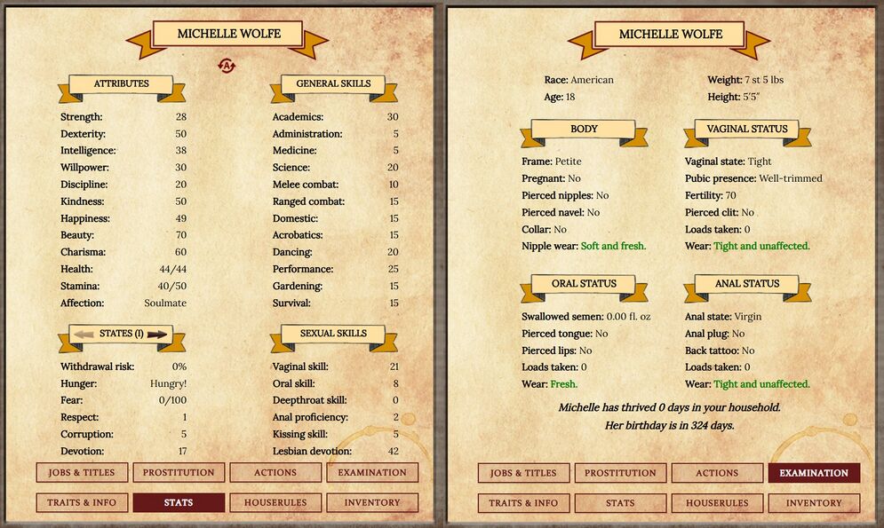 Michelle's starting stats