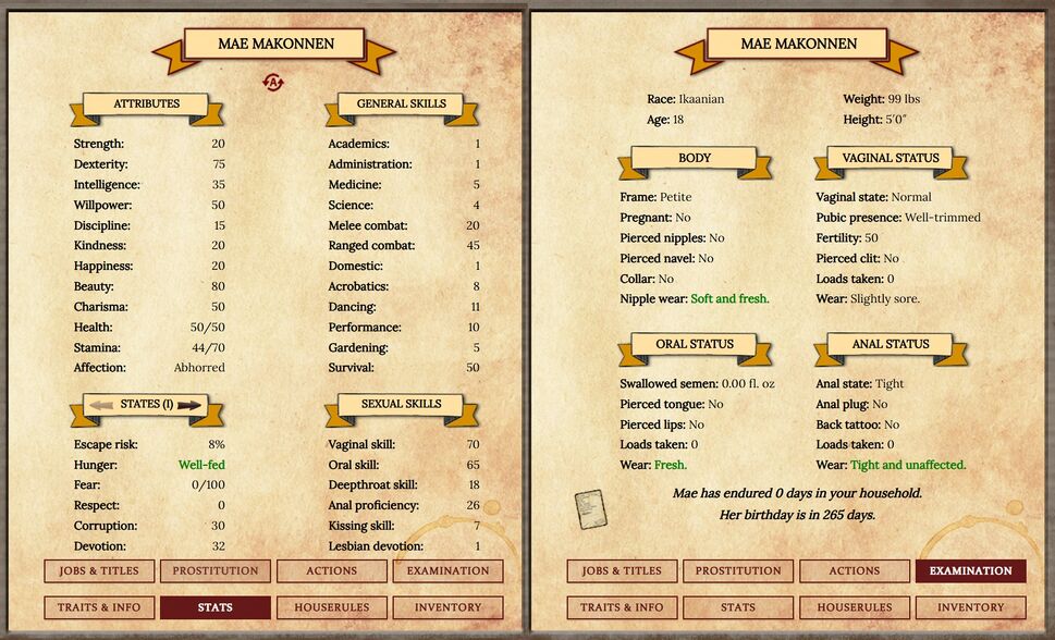 Mae's starting stats