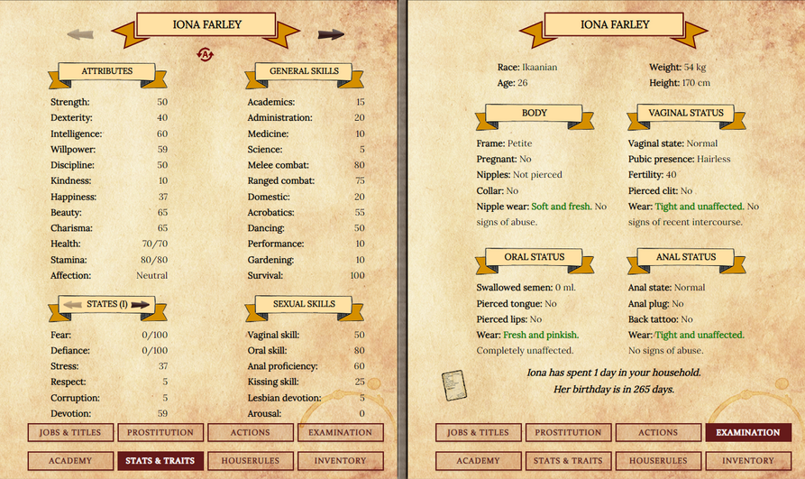 Iona Farley's starting stats.